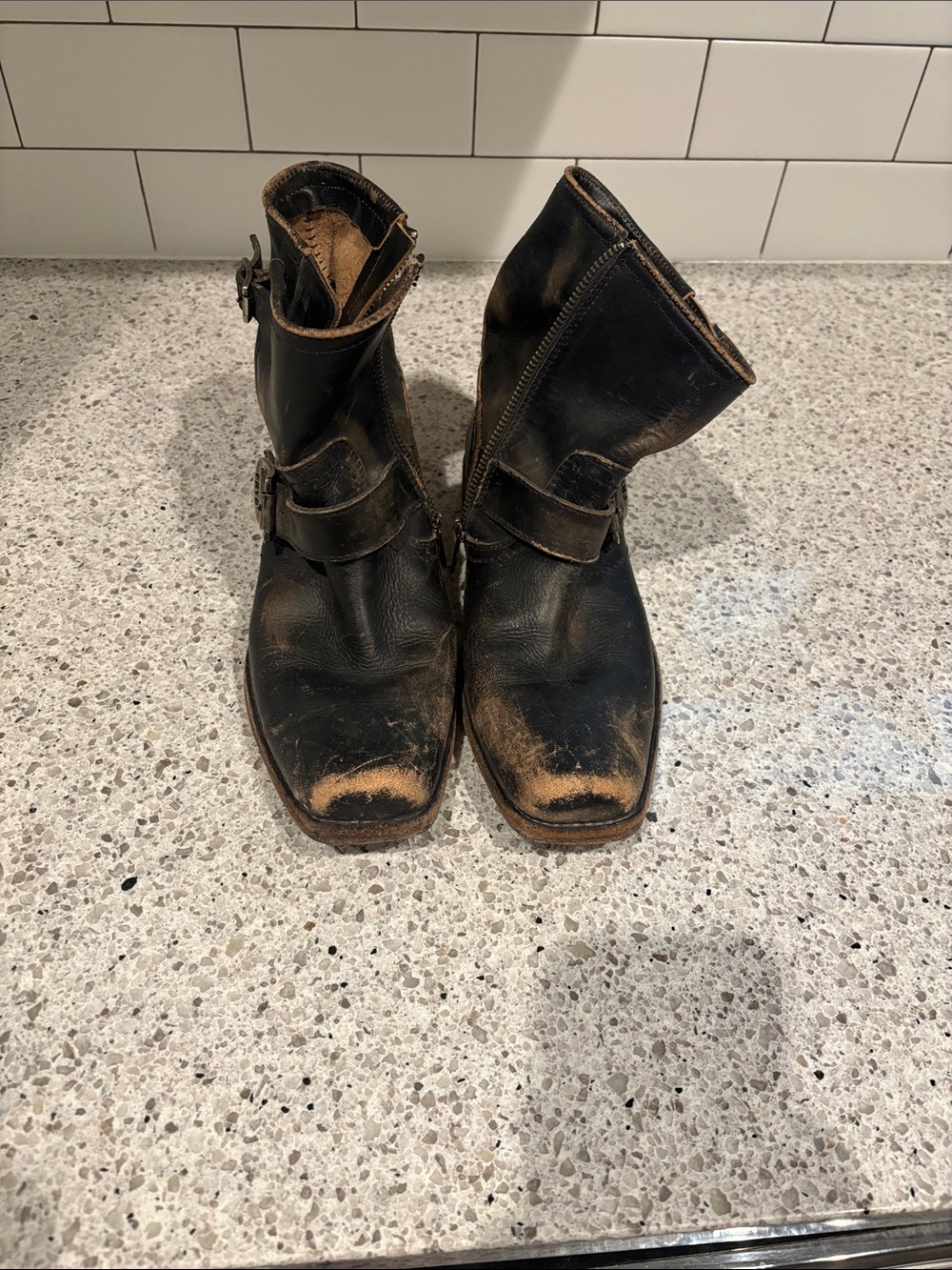 FRYE AND CO. Black Leather Women's Combat Moto Boots with Buckle - Picture 3 of 8